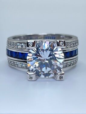 925 Sterling Silver Diamond Sapphire Bridal Wedding Ring Guard Set 5